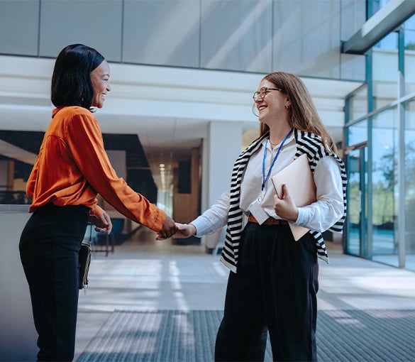 Professional woman stand smiling, shaking hands